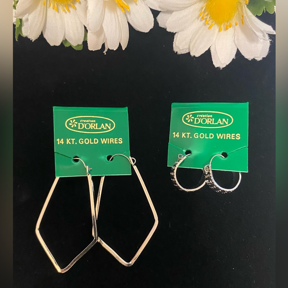 NOS 2 pair D’Orlan Hoop Earrings (14 Kt Gold Wires) on Original Display Cards